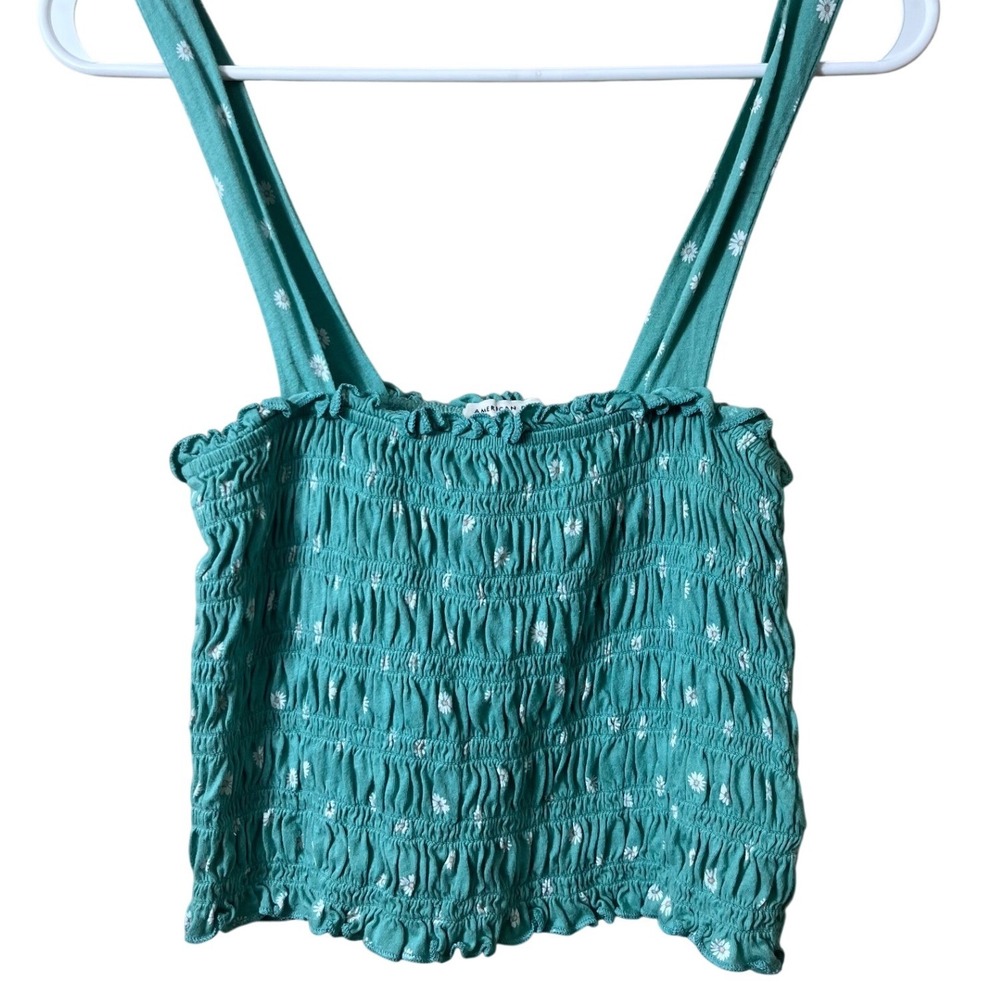 American Eagle Daisy Smocked Crop Top Small Teal Floral Boho Cottagecore Cami S